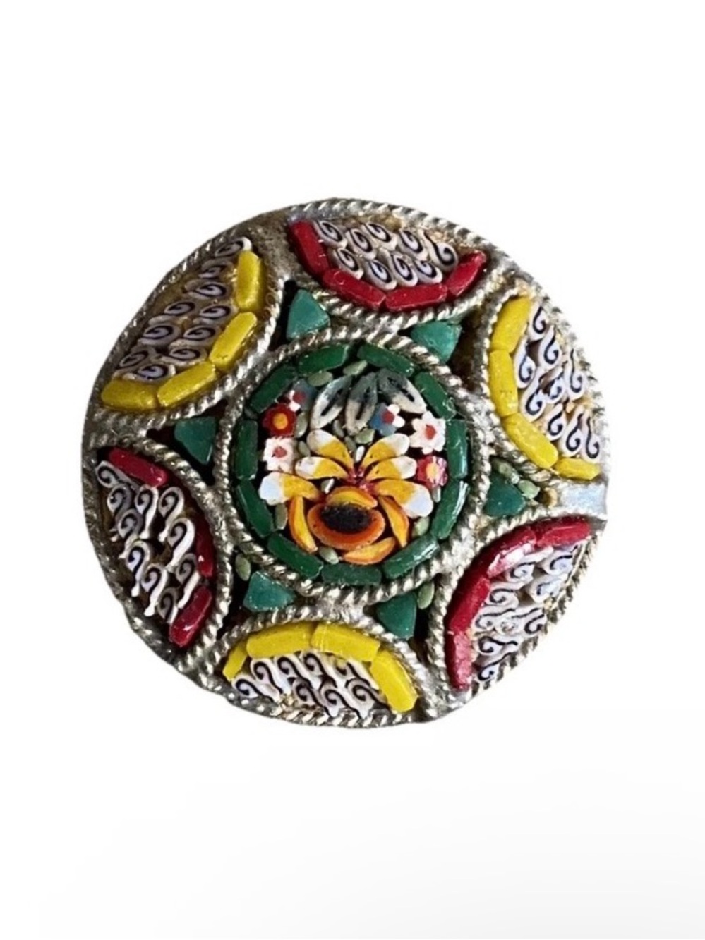 Vintage Brooch Pin Murano Glass V. Villa Italy Stamped Green Red Yellow Silver